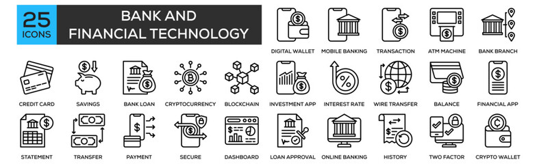 Bank and Financial Technology icon collection set. Containing design Digital Wallet, Mobile Banking, Online Transaction, ATM Machine, Bank Branch
