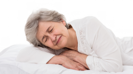 Elderly woman slowly waking up in bed, lying on white sheets and pillow, with a transparent background, perfect for easy integration into various projects