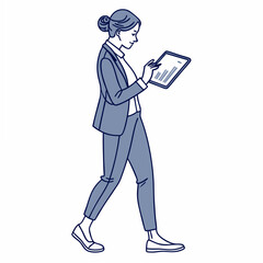 Professional businesswoman walking tablet data analysis