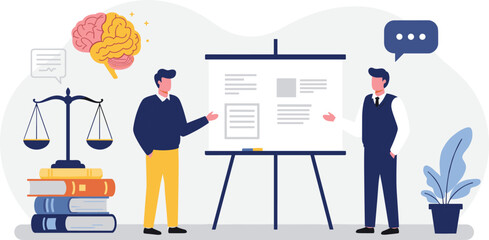 Collaborative Brainstorming Session with Legal and Educational Elements, Featuring a Whiteboard, Books, and a Scales of Justice flat vector illustration