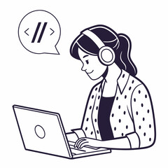 Woman coding on laptop wearing headphones