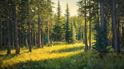 Obraz premium Sunlit forest clearing with tall evergreens.