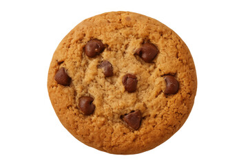 Overhead view of a chocolate chip cookie on a transparent background, emphasizing its texture and chocolate chips
