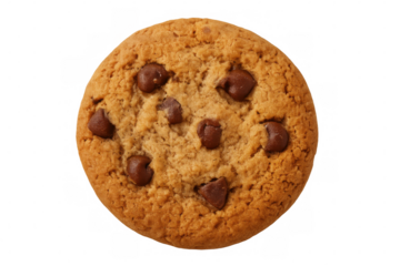 Overhead view of a chocolate chip cookie on a transparent background, emphasizing its texture and chocolate chips