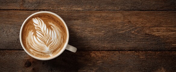 The beautiful latte art displayed in a cozy wooden setting