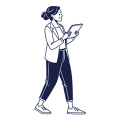 Professional woman walking using tablet device transparent background