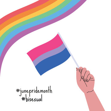 A hand holding bisexual pride flag. LGBT pride month square banner. Vector illustration for an annual celebration of gender diversity