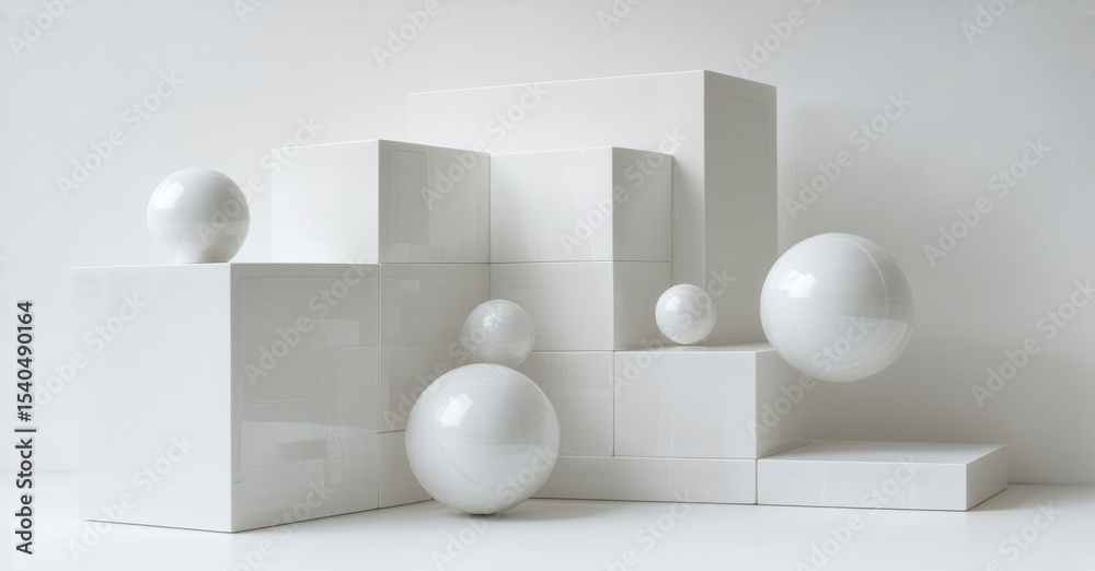 Poster minimalist composition. white cubes, spheres create abstract scene. clean lines, geometric shapes, s