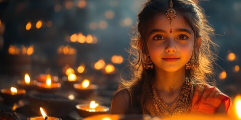 Indian girl adorned with jewelry against background of glowing oil lamps