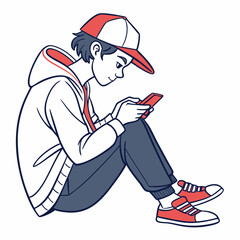 Teenager boy sitting using smartphone casual style