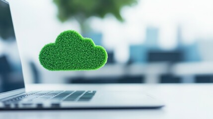 Green Cloud Computing: A green cloud symbol hovers over a laptop, representing eco-friendly cloud computing and sustainable technology.