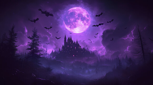 dark Halloween landscape featuring haunted castle full moon, evoking mystery and spookiness