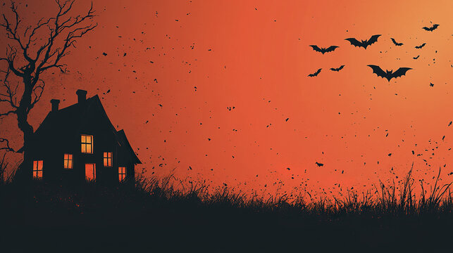 spooky Halloween scene featuring haunted house, bats, and orange sky evokes thrilling atmosphere