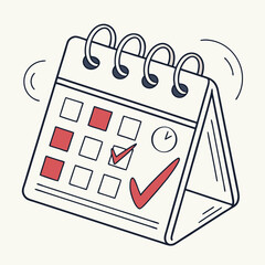 Illustrated calendar icon with checkmarks and clock representing deadline or schedule
