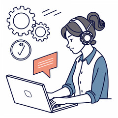 Professional woman working on laptop with headset, clean cutout