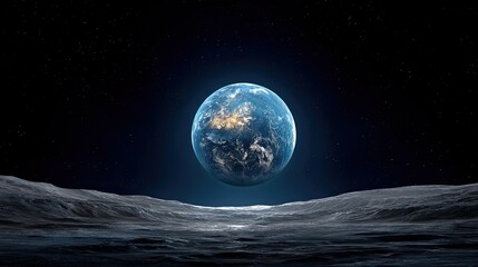 Earthrise over lunar surface showing planet Earth in full view with dark sky and text-ready margin