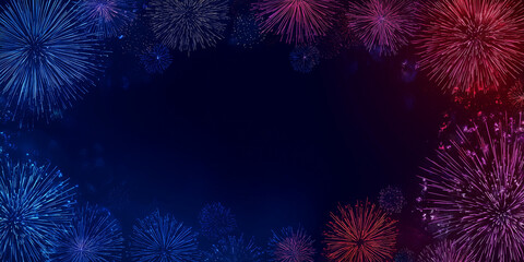 Dynamic border of vibrant red and blue fireworks framing a dark blue background, perfect for patriotic celebrations, festive events, and lively holiday promotions.