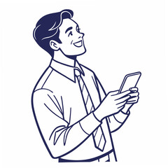 Happy businessman using smartphone, clean cutout, transparent background