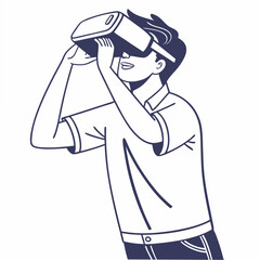Young man experiencing virtual reality headset on white background