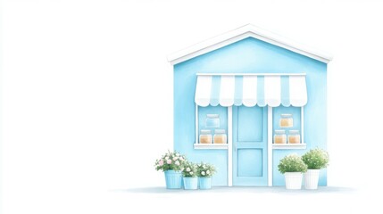 Obraz premium Sweet Shop Exterior: Charming watercolor illustration of a pastel-colored shop, complete with awning and potted plants, evoking warmth and inviting the viewer to step inside.