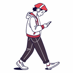 Young person walking using smartphone headphones