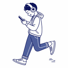 Young man walking listening music smartphone