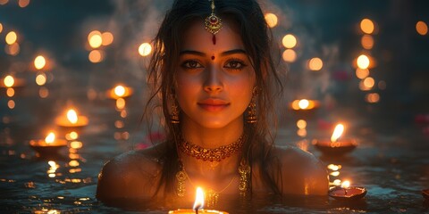 Indian Woman Meditating in Water Surrounded by Candlelight at Night