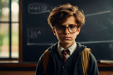 A despondent boy rests against the blackboard, his eyes filled with sorrow as he contemplates the difficulties of his academic life.