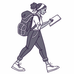 Walking woman backpack tablet digital nomad illustration