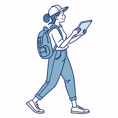 Walking woman student tablet backpack transparent png