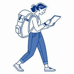 Walking woman backpack tablet digital nomad travel