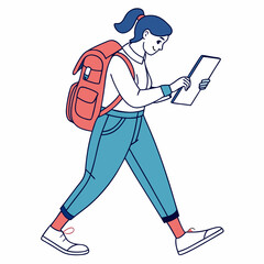 Walking girl student tablet backpack isolated illustration