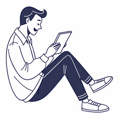 Young man sitting floor using tablet device