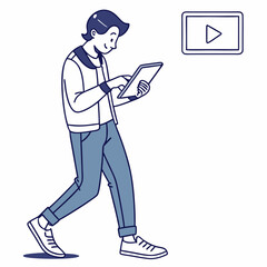 Young man walking using tablet streaming video