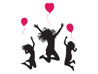Joyful Girls Jumping Silhouette with Balloons Happy Childhood Vector on White Background

