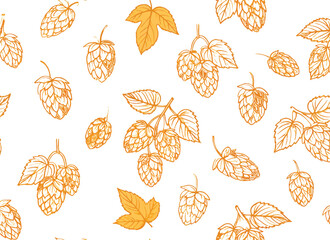 Seamless pattern of hops and leaves in a golden color on a light canvas texture on transparent background
