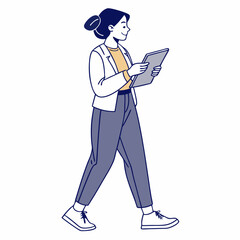 Walking woman using tablet, professional cutout illustration