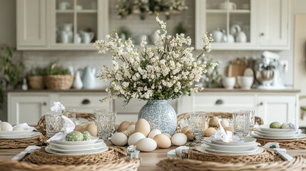 beautifully arranged Easter table setting with flowers and decorative eggs creates festive