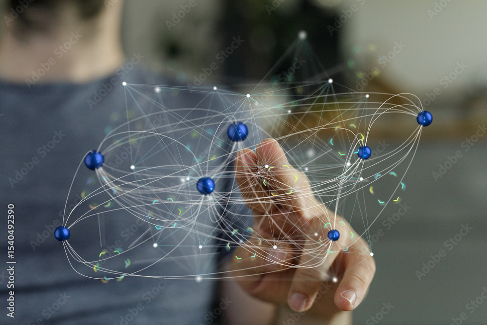 Poster Abstract image of a person interacting with a digital network.  Ideal for technology, connection, and innovation.