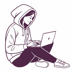 Young woman in hoodie using laptop, clean cutout