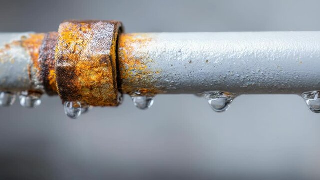 Water droplets cling to a corroded metal pipe, highlighting decay and water waste