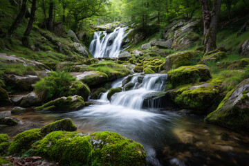 a small waterfall flowing in the middle of a green forest with mossy rocks and a natural calm atmosphere.