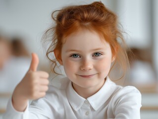 Cheerful kid giving a thumbs-up in a bright classroom, showcasing positivity and joy.