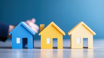 Colorful house selection: A set of bright, colorful house models on a flat surface against a simple background, suggesting options, real estate, home ownership, or property selection.
