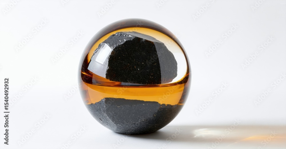 Poster amber sphere contains dark rock fragments. minimalist studio shot, simple background, focus on textu