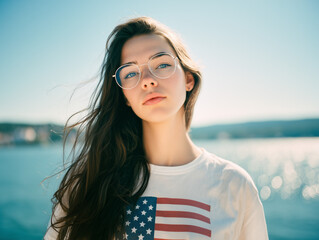 Patriotic Girl in USA Shirt by Lake – Sunny Film Portrait on Independence Day