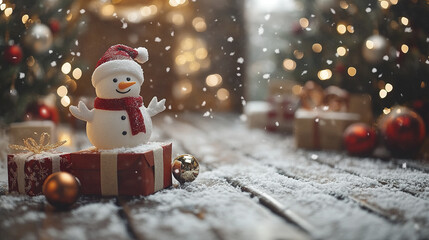 cheerful snowman with red hat stands gift box, surrounded by festive decorations and snowflakes