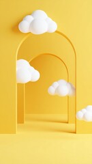 Abstract minimalist scene with yellow arches and floating white clouds against a monochrome background