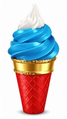 a vibrant cone of blue ice cream topped with white soft serve and a gold band