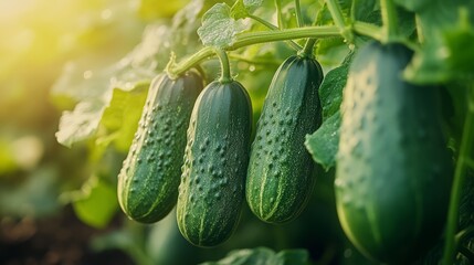fresh cucumbers hanging from their vine, covered in tiny water droplets